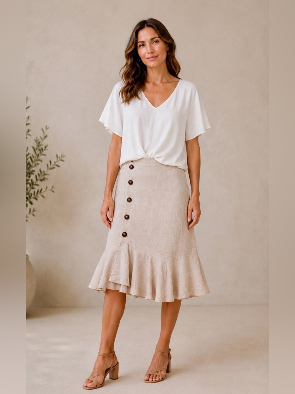 NWT Lara Sz L Linen Midi Skirt Oatmeal Ruffle Asymmetrical Hem Side Buttons